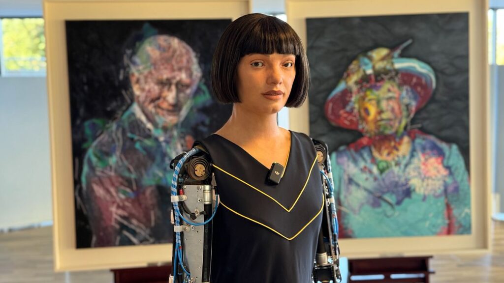 Robot artist ai-da presents portrait of Charles III at the United Nations