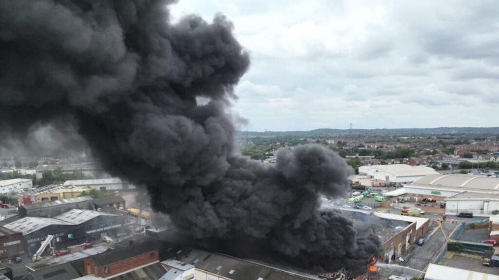 Firefighters are tackling a huge flame that includes 20 tons of tires