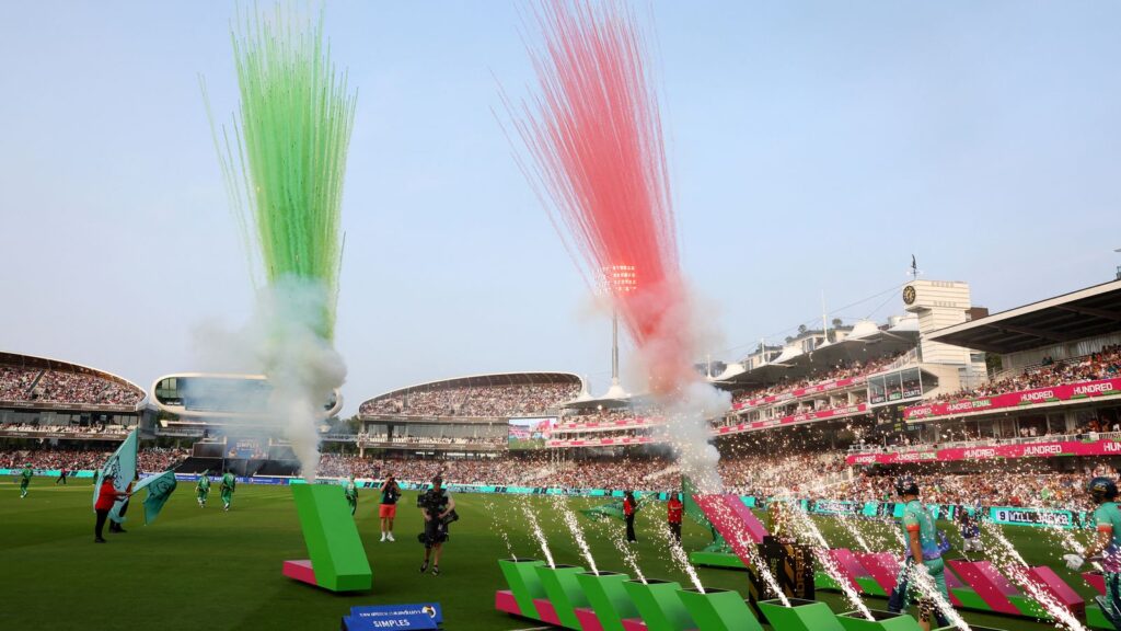 Players walk on to the pitch ahead of last August's Hundred final at Lord's. Pic: Action Images via Reuters/Matthew Childs